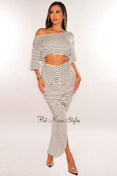White Black Striped Drawstring Ruched Slit Skirt Two Piece Set - Hot Miami Styles