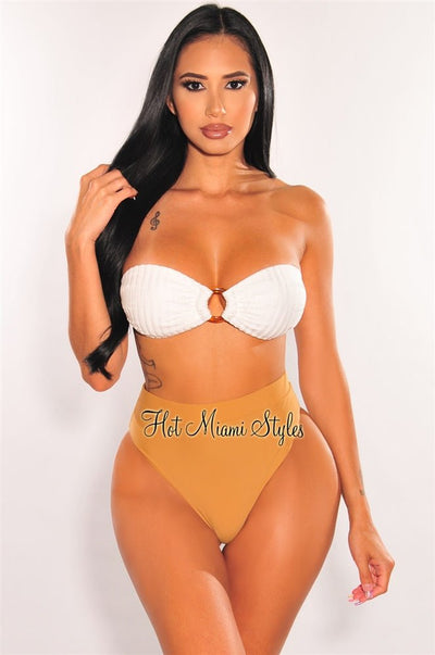 White Caramel Crochet Bandeau O-Ring High Cut Bikini - Hot Miami Styles