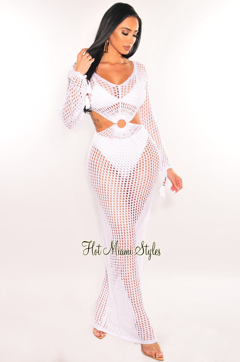 White Crochet Long Sleeve Cut Out O-Ring Maxi Cover Up Dress