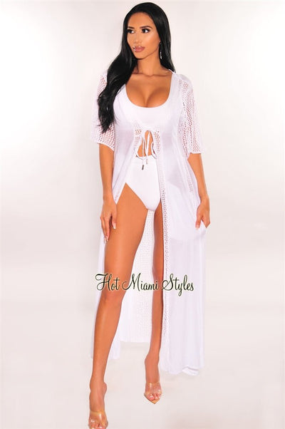 White Crochet Short Sleeve Tie Up Maxi Cover Up - Hot Miami Styles