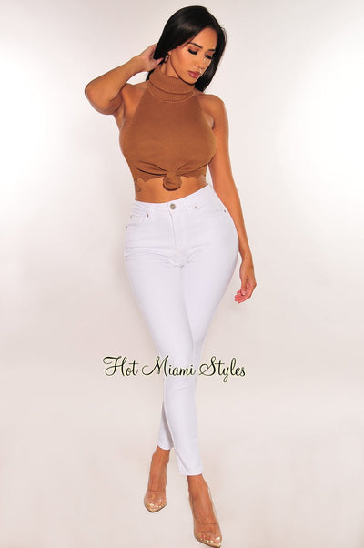 White Denim High Waisted Stretchy Skinny Ankle Jeans - Hot Miami Styles