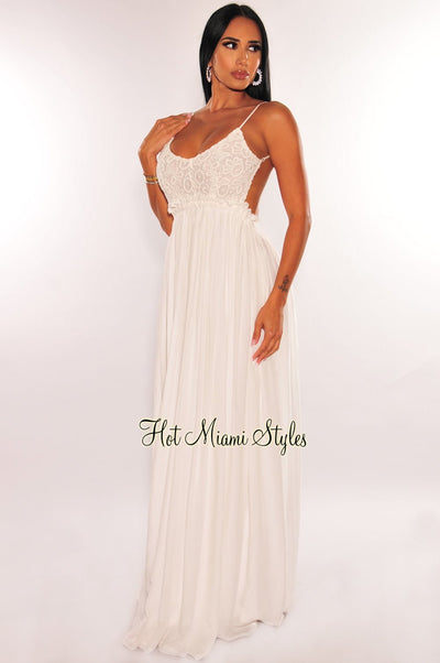 White Embroidered Crochet Spaghetti Strap Open Back Maxi Dress - Hot Miami Styles