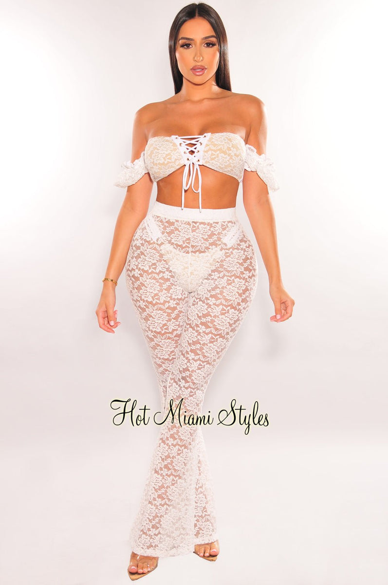 White Mesh Sheer High Waist Double Slit Cover Up Pants - Hot Miami