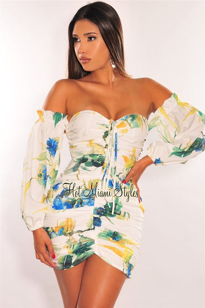 White Floral Print Off Shoulder Long Sleeves Ruched Dress - Hot Miami Styles