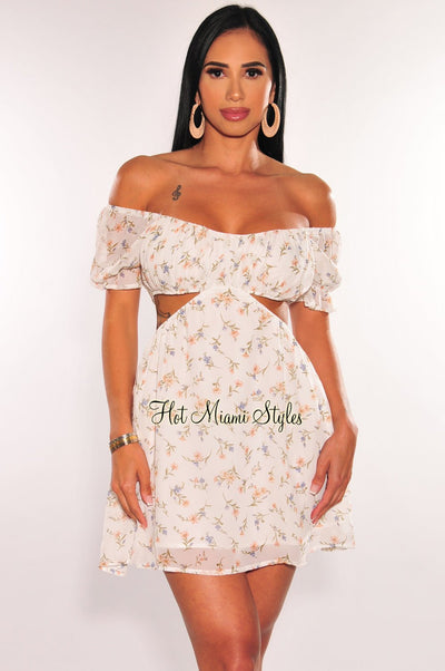 White Floral Print Off Shoulder Short Sleeve Cut Out Babydoll Dress - Hot Miami Styles