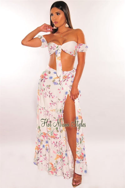 White Floral Print Tie Up Tiered Maxi Skirt Two Piece Set - Hot Miami Styles