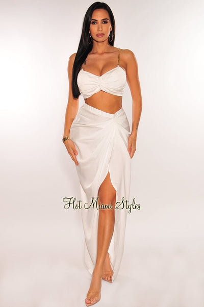 White Gold Chain Padded Knotted Slit Skirt Two Piece Set - Hot Miami Styles