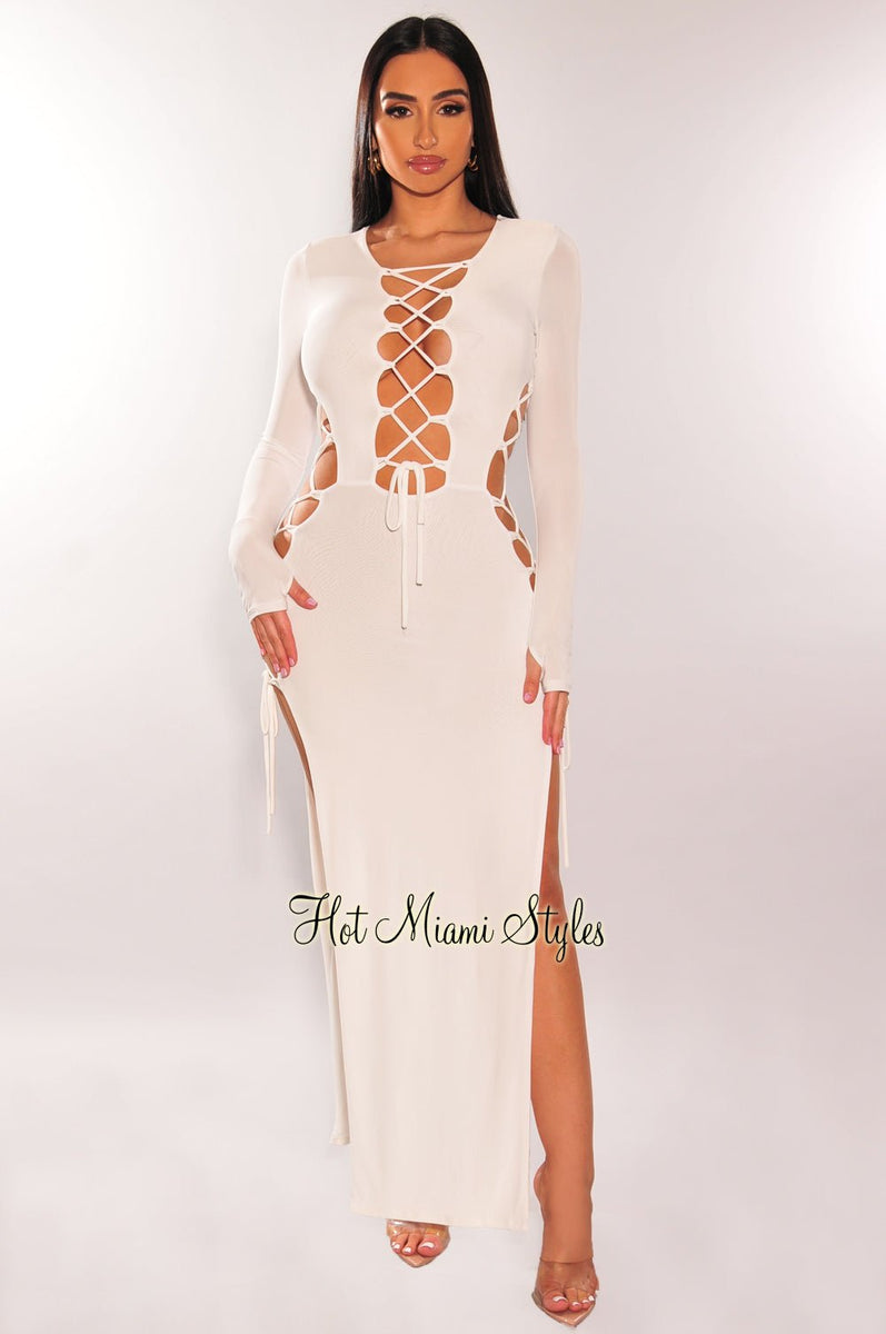 White Lace Up Long Sleeve Double Slit Dress Medium