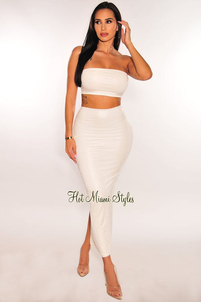 White Latex Snake Bandeau Skirt Two Piece Set - Hot Miami Styles