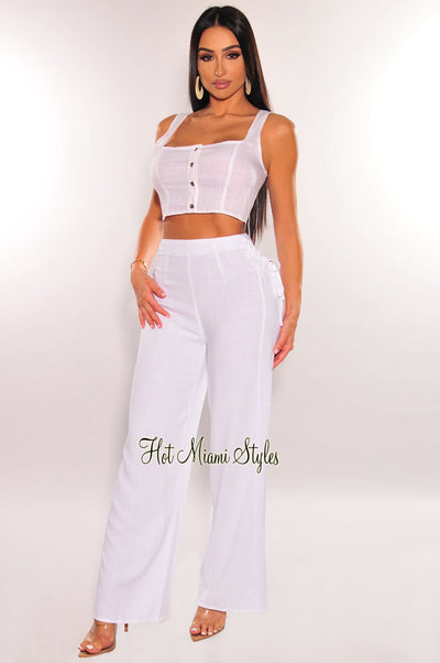 White Linen High Waist Lace Up Wide Leg Palazzo Pants - Hot Miami Styles