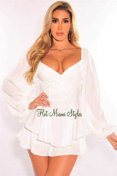 White Long Sleeve Belted Tie Up Ruffle Romper - Hot Miami Styles