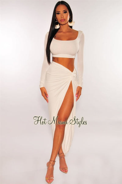 White Long Sleeves Knotted Slit Skirt Two Piece Set - Hot Miami Styles
