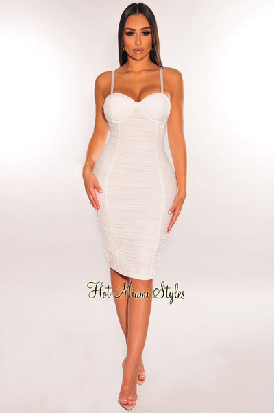 White Mesh Spaghetti Straps Padded Ruched Dress - Hot Miami Styles