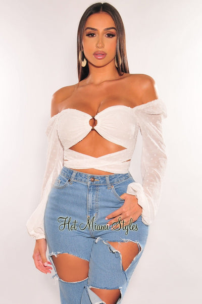 White O-Ring Cut Out Long Sleeve Wrap Around Crop Top - Hot Miami Styles