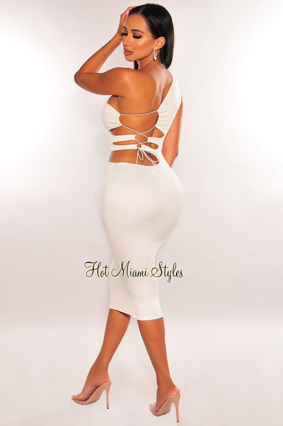 White One Shoulder Cut Out Lace Up Back Midi Dress - Hot Miami Styles