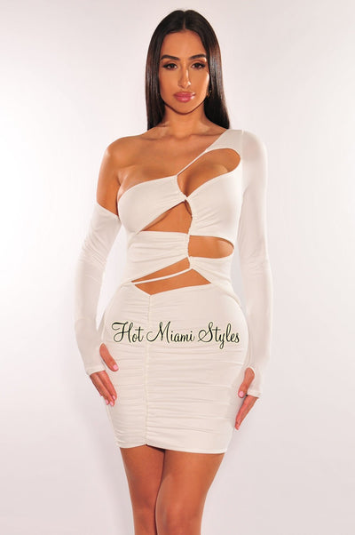 White One Shoulder Long Sleeve Drawstring Cut Out Ruched Dress - Hot Miami Styles