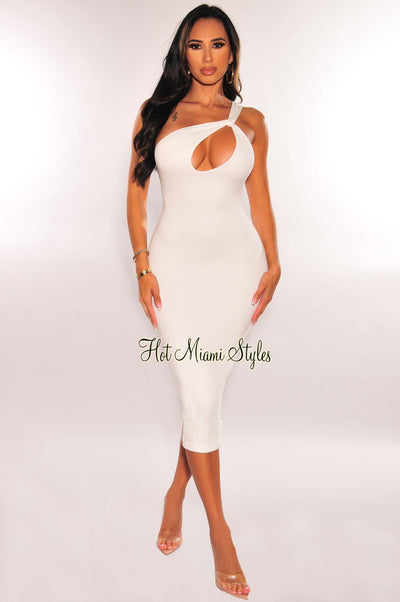 White One Shoulder Strap Keyhole Cut Out Midi Dress - Hot Miami Styles