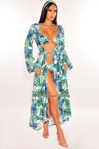 White Palm Print Long Sleeves Belted Maxi Cover Up - Hot Miami Styles