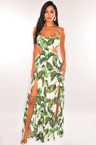 White Palm Print Smocked Cut Out Double Slit Maxi Dress - Hot Miami Styles