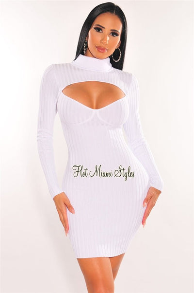 White Ribbed Knit Turtle Neck Long Sleeve Cut Out Dress - Hot Miami Styles