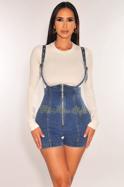 White Ribbed Long Sleeve Denim Overall Shorts + Top Two Piece Set - Hot Miami Styles