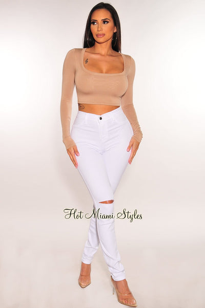 White Ripped Knee High-Waist Skinny Jeans - Hot Miami Styles
