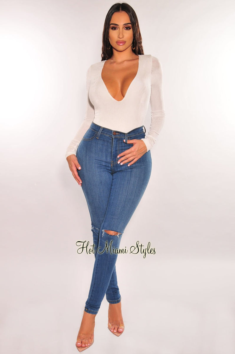 White Shimmery V Neck Long Sleeve Bodysuit - Hot Miami Styles