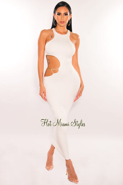 White Sleeveless Gold Chain Cut Out Midi Dress - Hot Miami Styles
