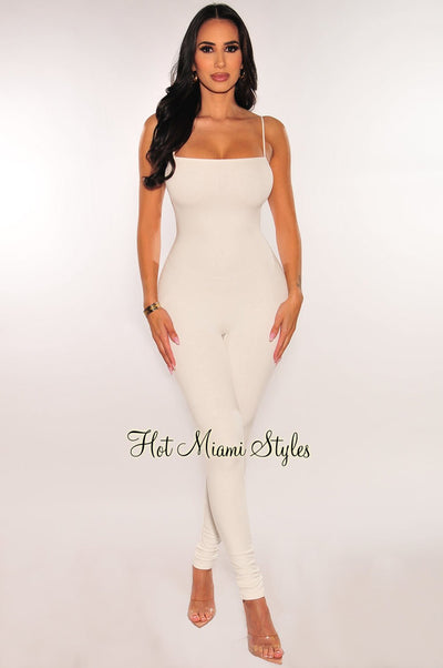 White Spaghetti Straps Cut Out Back Jumpsuit - Hot Miami Styles