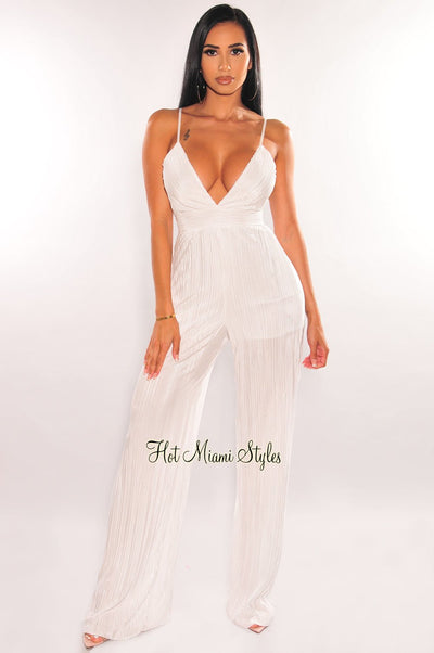 White Spaghetti Straps V Neck Pleated Belted Wide Leg Jumpsuit - Hot Miami Styles