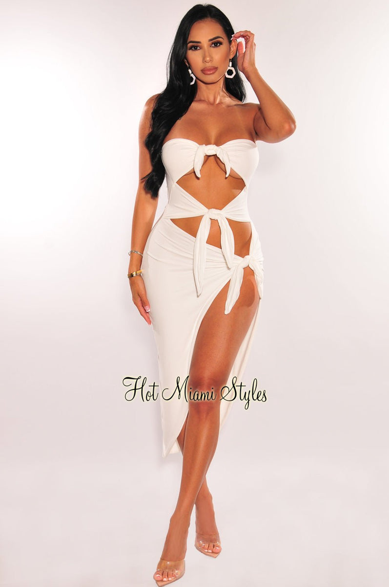 White Strapless Tie Up Cut Out Slit Midi Dress  Hot Miami Styles