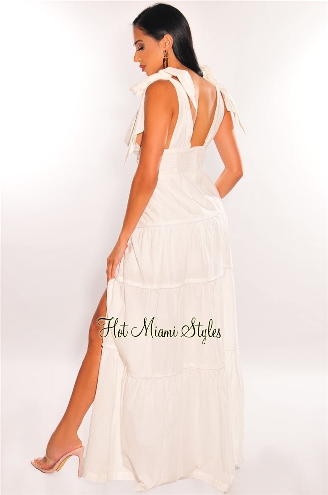 White V Neck Tie Up Button Up Slit Tiered Maxi Dress – Hot Miami Styles