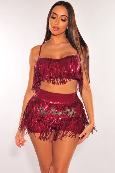 Wine Flowing Sequins Bustier Shorts Two Piece Set - Hot Miami Styles