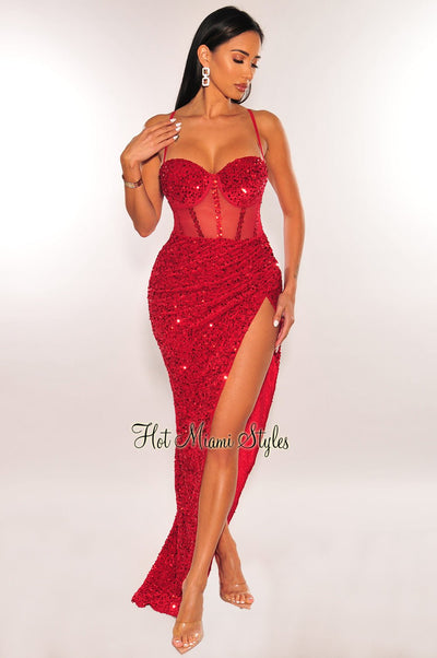 Wine Sequins Mesh Spaghetti Strap Padded Bustier Slit Gown - Hot Miami Styles
