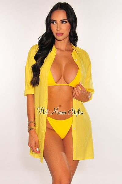 Yellow Collared Button Up ¾ Sleeves Cover Up Shirt - Hot Miami Styles