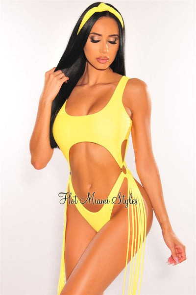 Yellow Cut Out O-Ring Fringe Ultra High Cut Swimsuit + Headband - Hot Miami Styles