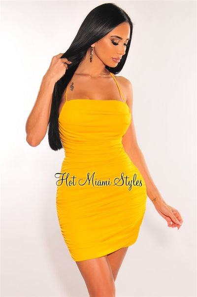 Yellow Double Elastic Straps Crisscross Ruched Dress - Hot Miami Styles