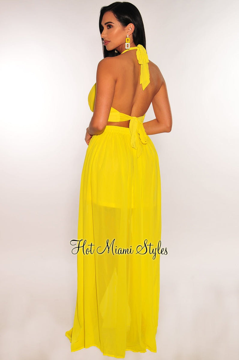 Yellow Halter Buckle Cut Out Double Slit Maxi Dress – Hot Miami Styles