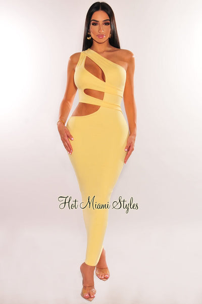 Yellow One Shoulder Cut Out Midi Dress - Hot Miami Styles