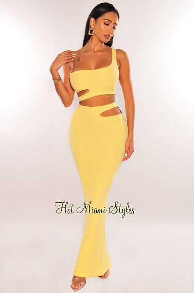 Yellow Ribbed One Shoulder Cut Out Maxi Skirt Two Piece Set - Hot Miami Styles