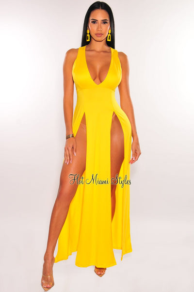 Yellow Sleeveless V Neck Double Slit Cover Up Maxi Dress - Hot Miami Styles