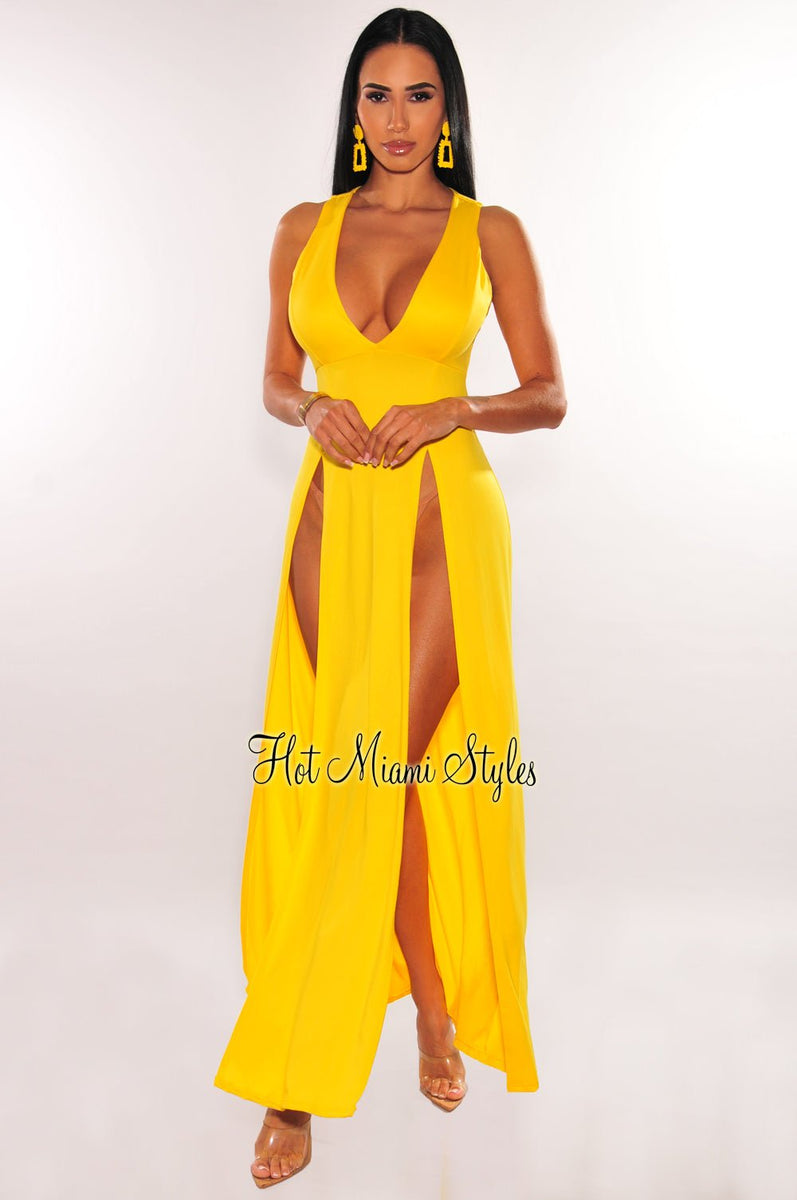 Halterneck High Slit Maxi Dress Yellow