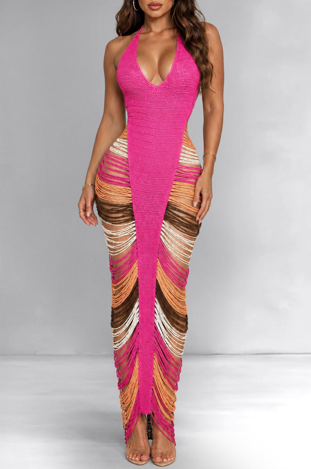 Fuchsia Multi Color Crochet Halter Fringe Maxi Dress