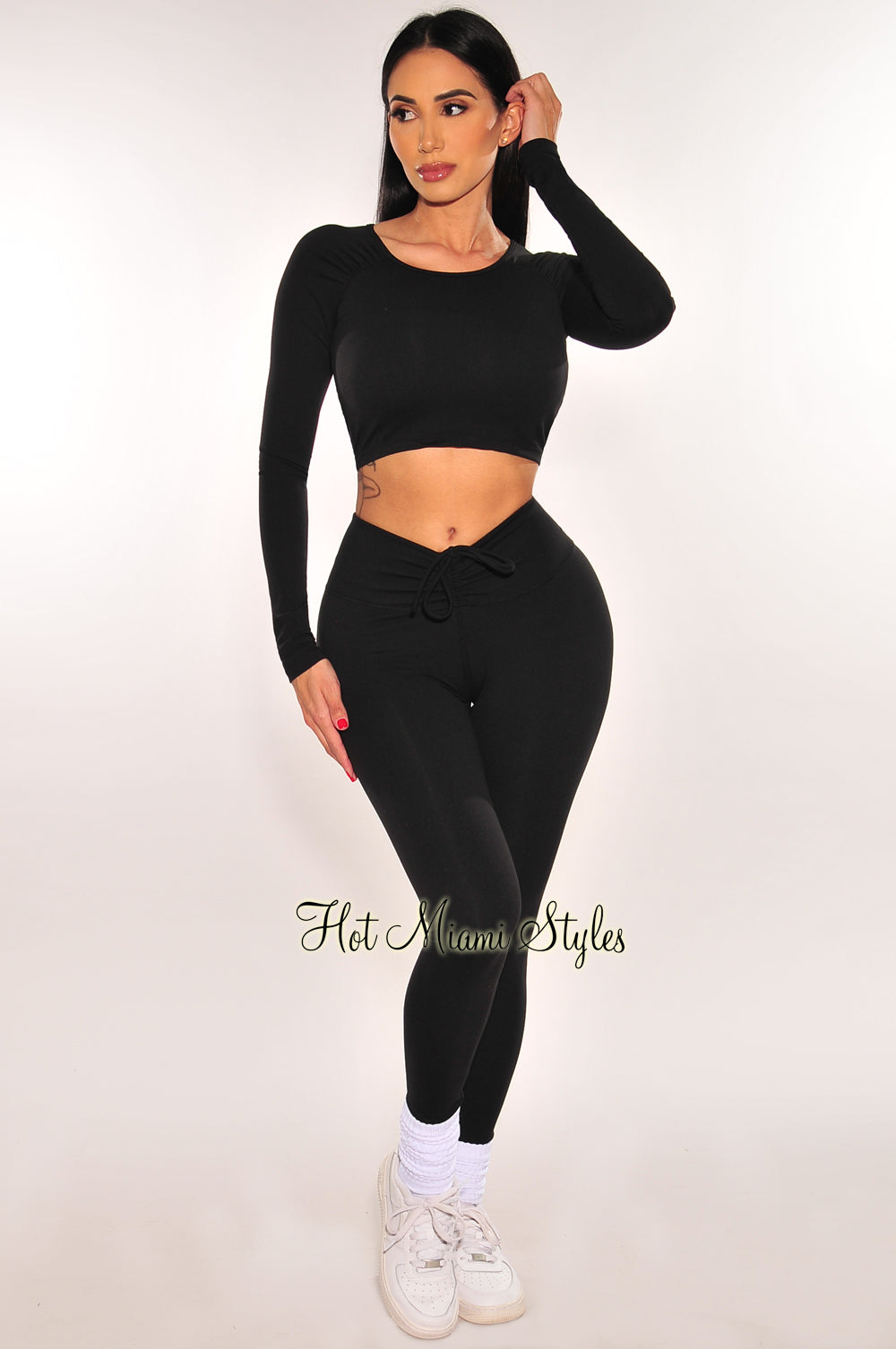 Lace Up Ruched Yoga Leggings In BLACK