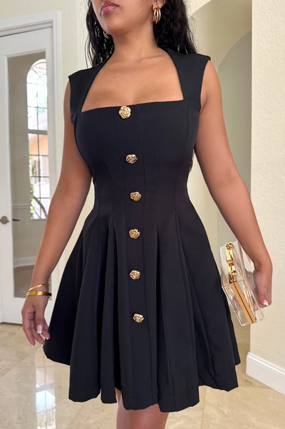Black Square Neck Pleated Flare Mini Dress