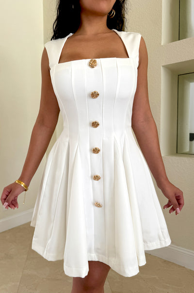 White Square Neck Pleated Flare Mini Dress