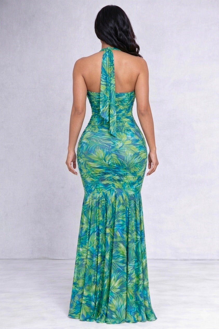 green emerald velvet dress Green Palm Tree Back Tie Wrap Mazi Dress main image 0
