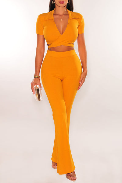 Honey Ribbed Collared Wrap Crop Top Palazzo Pants Two Piece Set