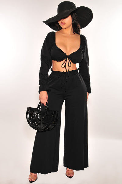 Black Tie Up Long Sleeve High Waist Palazzo Two Piece Set