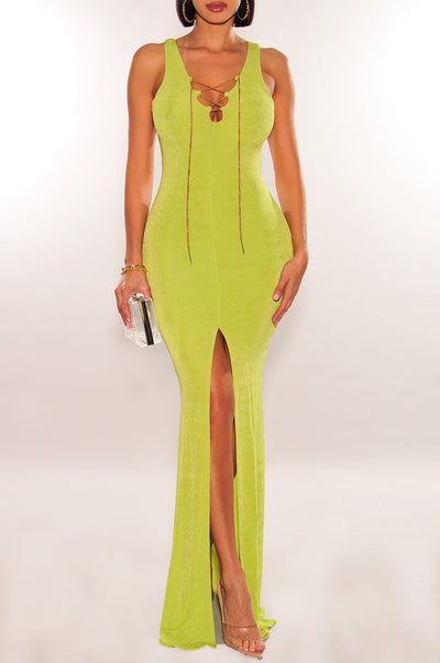 Lime Ribbed Sleeveless Gold Chain Lace Up Slit Gown